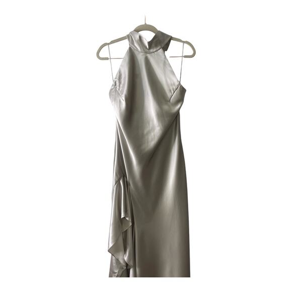Milly Roux Hammered Satin Dress Halter Neck Ruched Ruffle Side Slit Silver Sz 8 - Picture 5 of 16